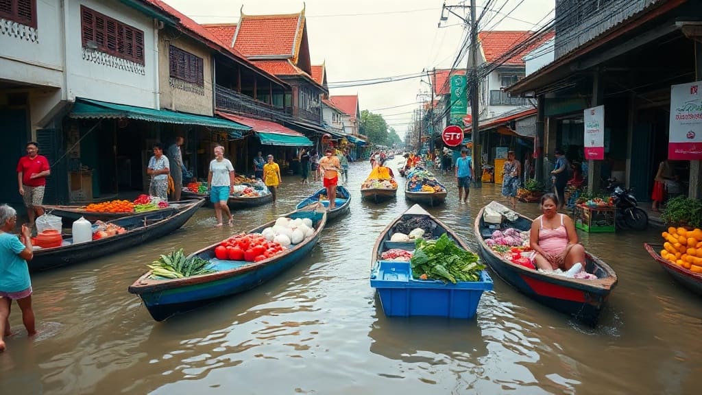 Bangkok'ta Sel Sularına Karşı Yüzen Pazar