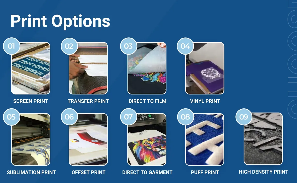 Print methods: Screen Printing, DTG, and Heat Transfer